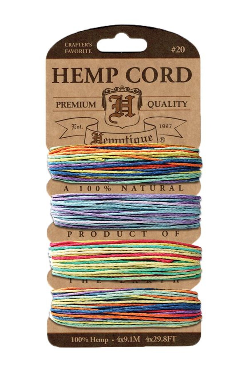 Hemptique 1mm #20 Variegated Metallic & Glitter Hemp Cord Card Set Eco Friendly Sustainable Naturally Grown Jewelry Bracelet Making Paper Crafting Scrapbooking Bookbinding Mixed Media Crocheting Macrame Seasonal Holiday Gift Wrapping Outdoor Garden